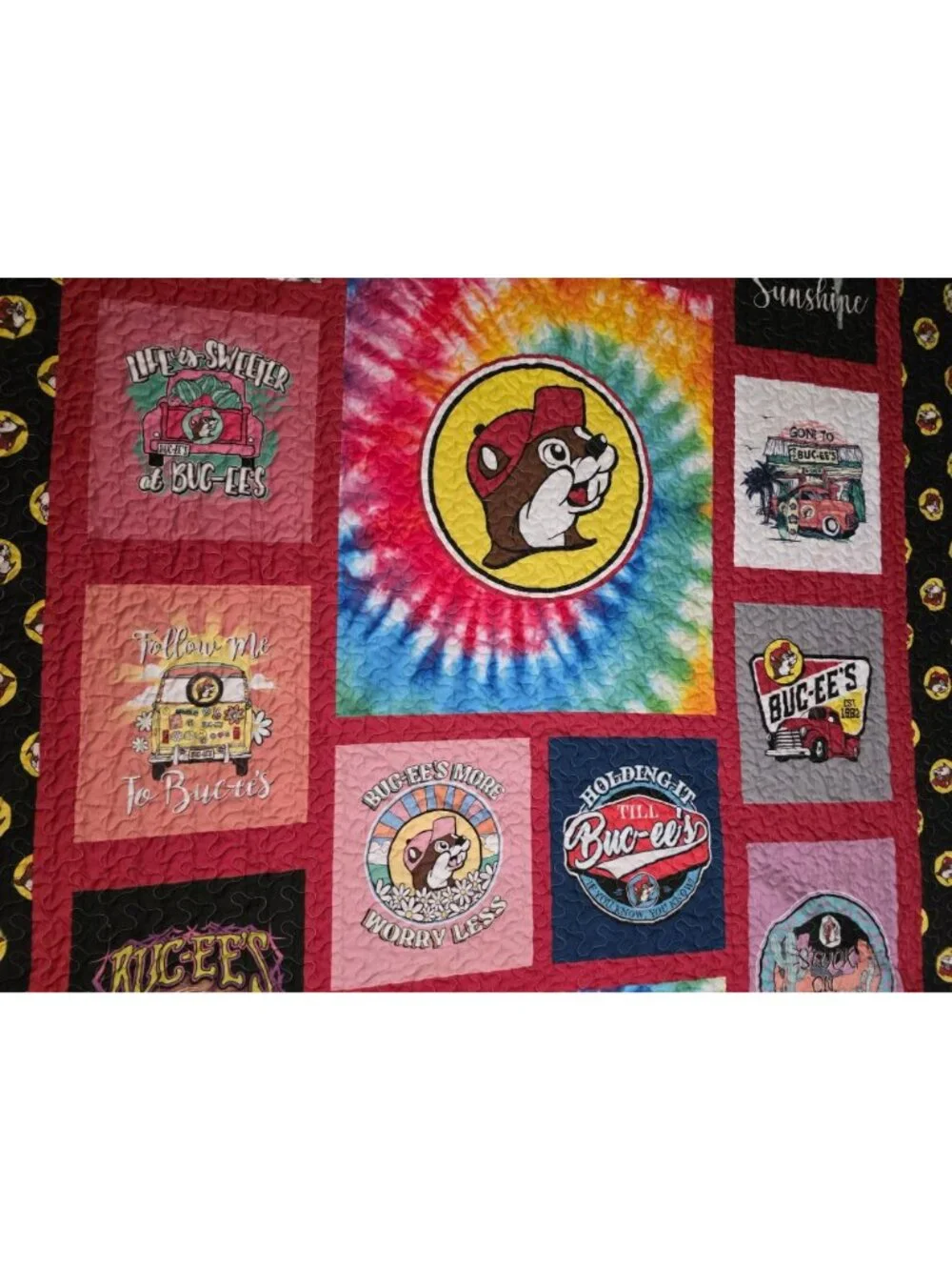 Buc-ees Blanket Quilted Quilt Throw 86 x 68 Bucees Red Patchwork Tie Dye